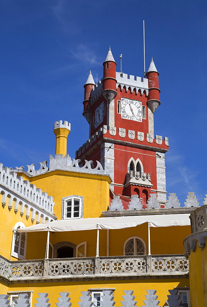 Queens Terrace in foreground and Clock Tower, Penna National Palace, Sintra, UNESCO World Heritage Site, Portugal, Europe