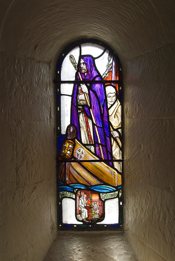 Stained glass windows in St. Margarets Chapel, built between 1124 and 1153, Edinburgh Castle, Edinburgh, Lothian, Scotland, United Kingdom, Europe