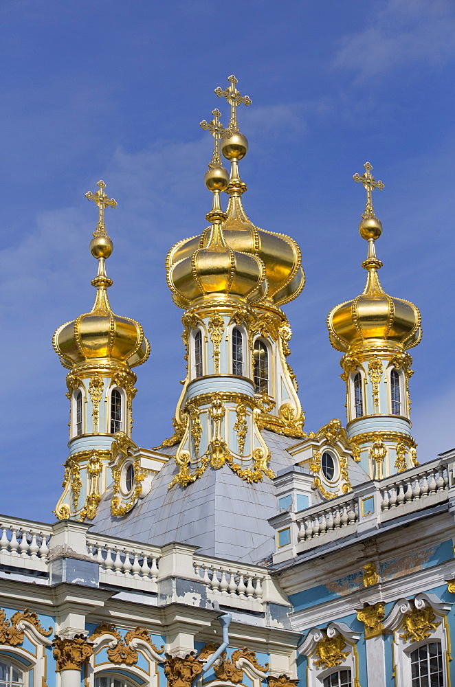 Domes of the Palace Church, Catherine Palace, Tsarskoe Selo, Pushkin, UNESCO World Heritage Site, Russia, Europe