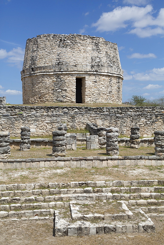 Chac Complex in the foreground, Observatory in the background, Mayan Ruins, Mayapan Archaeological Site, Yucatan, Mexico