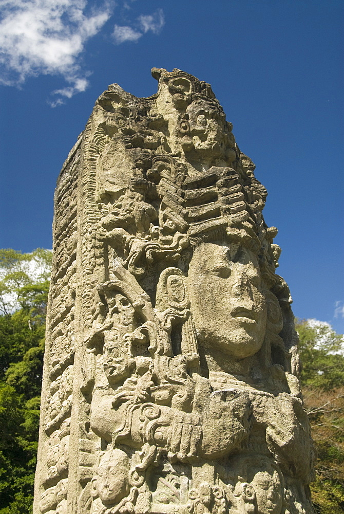 Stela A dating from 731 AD, Copan Archaeological Park, UNESCO World Heritage Site, Copan, Honduras, Central America