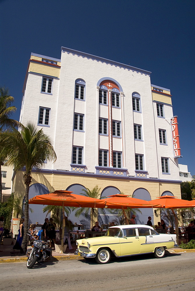 Classic building with old Chevrolet, Art Deco District, South Beach, Miami, Florida, United States of America, North America