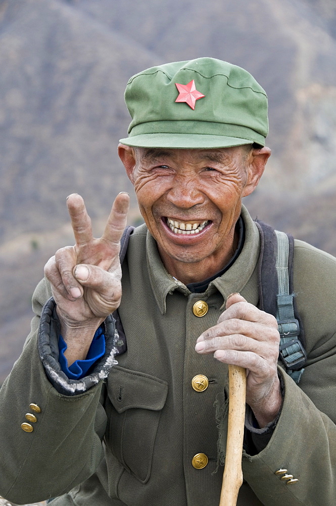 Close up of a guide on the section of the Great Wall of China just outside Beijing, China, Asia