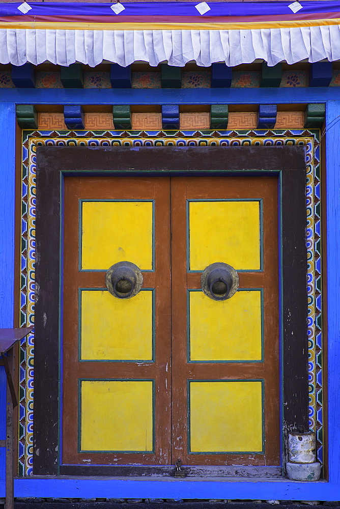 Door at the Buddhist monastery in Tengboche in the Khumbu region of Nepal, Asia