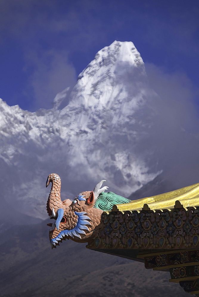 Detail at the Buddhist monastery in Tengboche in the Khumbu region of Nepal with Ama Dablam mountain in the background, Himalayas, Nepal, Asia