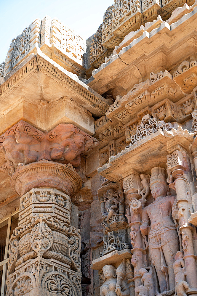 Spotted Owlet (Athene Brahma) nesting high in the heavily carved wall of the Modhera Sun temple, built after 1026 and dedicated to the Hindu goddess, Surya.