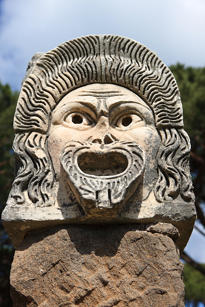 Ornate theatre mask, Ostia Antica, Rome, Lazio, Italy, Europe