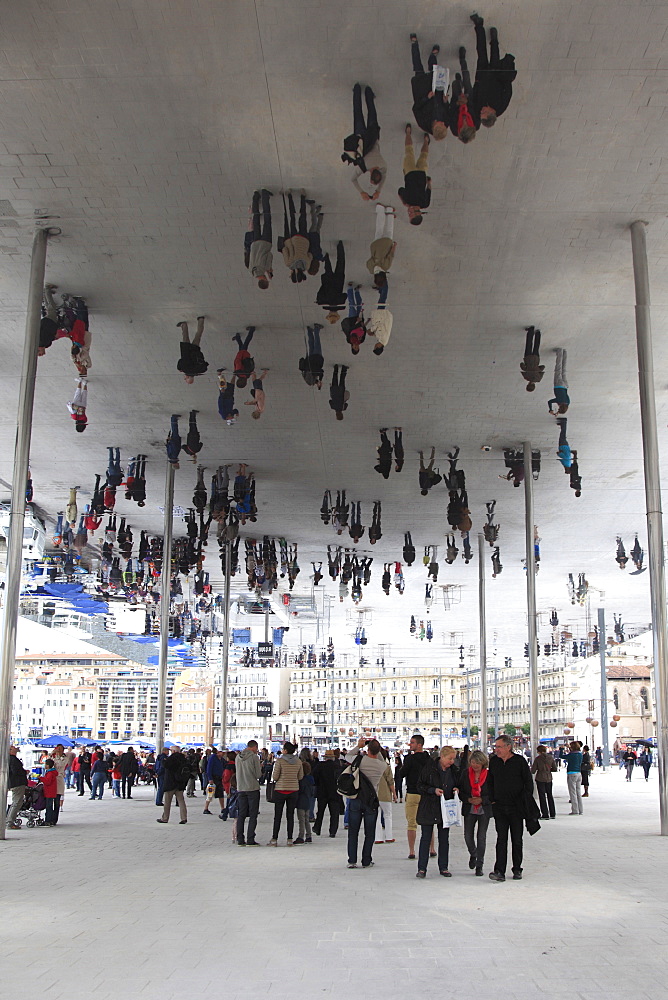 Ombriere, Mirrored Shelter, designed by Norman Foster, Vieux Port (Old Port), Marseille, Bouches du Rhone, Provence Alpes Cote d'Azur, Provence, France, Europe