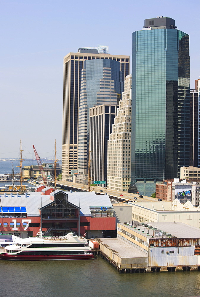 South Street Seaport and Lower Manhattan buildings, New York City, New York, United States of America, North America