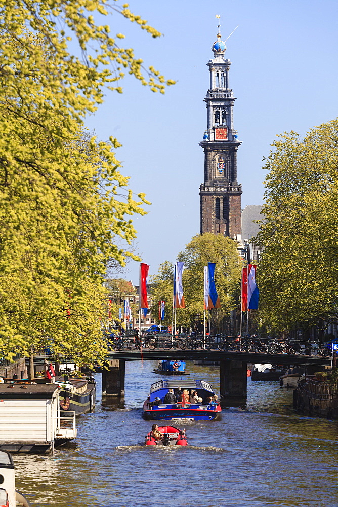 Westerkerk church tower by Prinsengracht Canal, Amsterdam, Netherlands, Europe