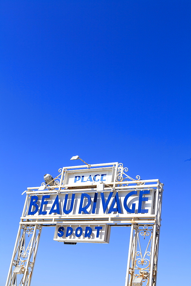 Beau Rivage beach sign, Nice, Alpes Maritimes, Provence, Cote d'Azur, French Riviera, France, Europe