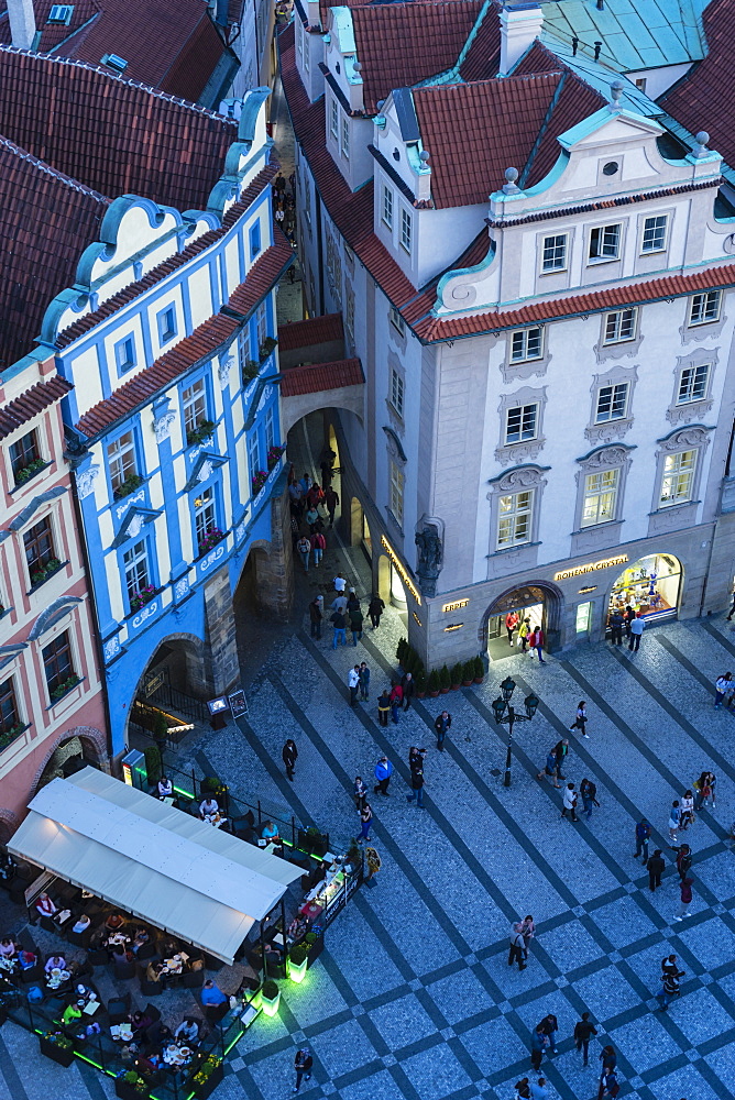 High angle view of buildings in Old Town Square at dusk, UNESCO World Heritage Site, Prague, Czech Republic, Europe