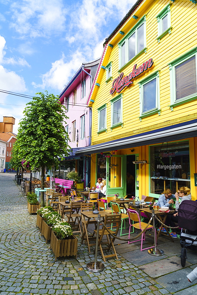 Ovre Holmegate, a colourful street of shops and cafes in the centre of Stavanger, Norway, Scandinavia, Europe