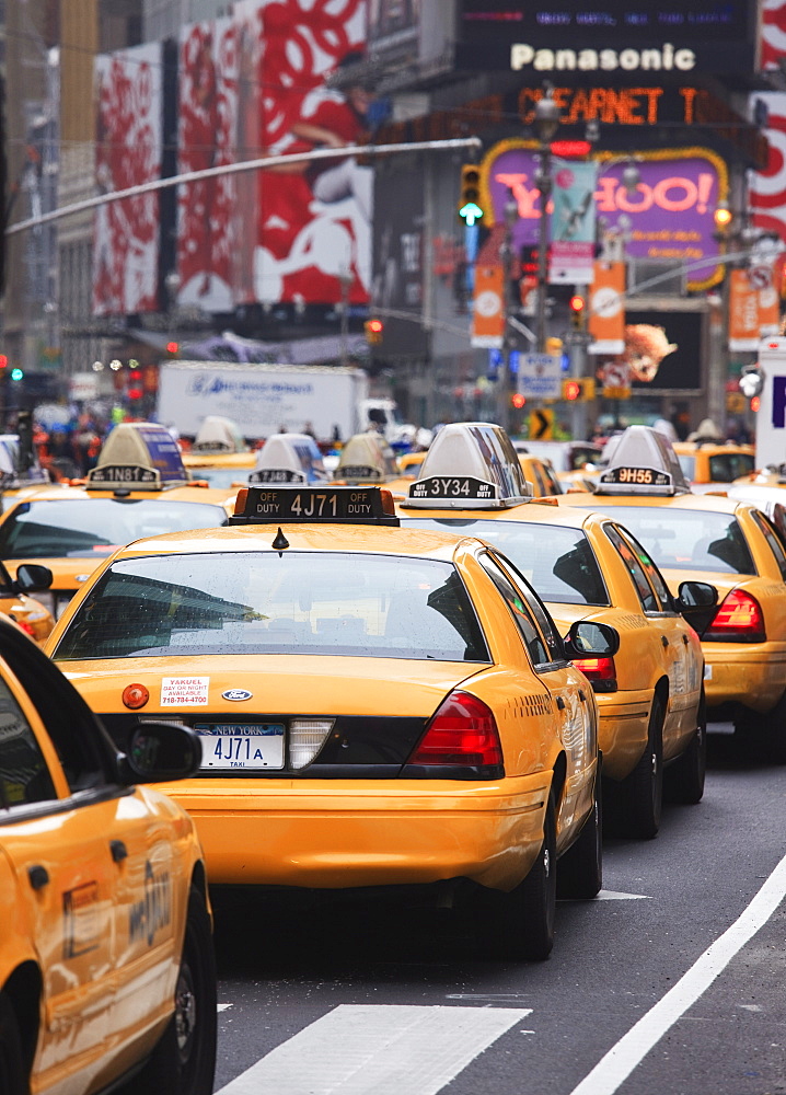 Taxis and traffic in Times Square, Manhattan, New York City, New York, United States of America, North America