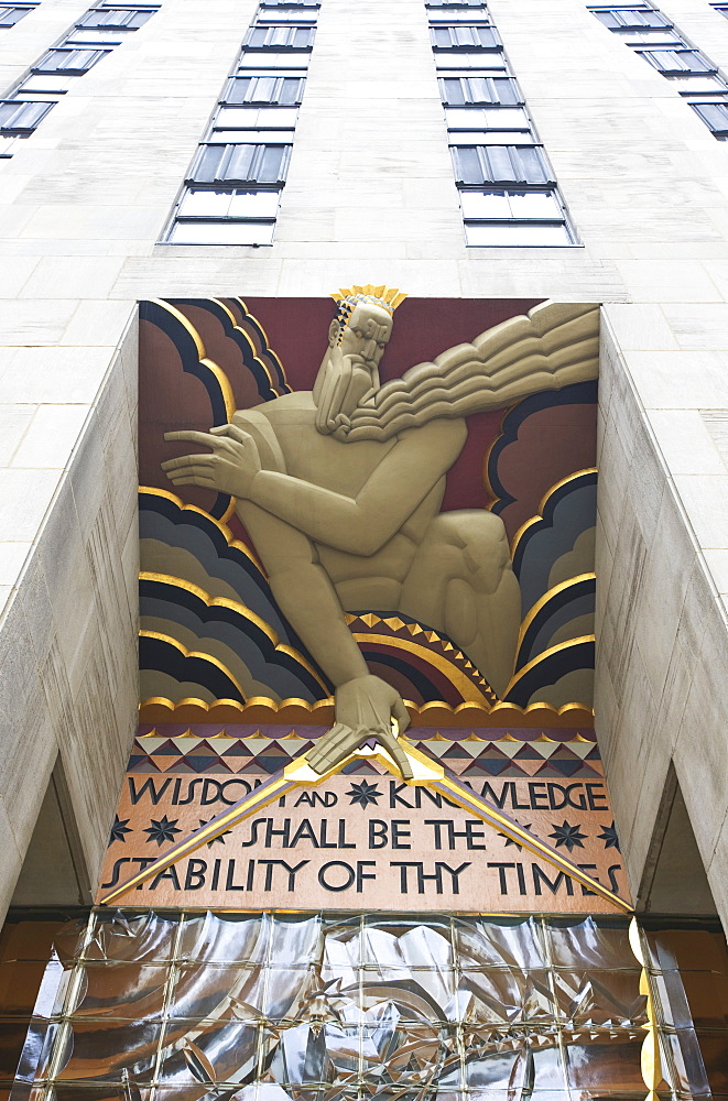 Wisdom by Lee Lawrie, part of the artwork that decorates the facade of the Rockefeller Center, Manhattan, New York City, New York, United States of America, North America