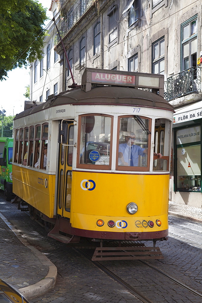 Tram in the Alfama district, Lisbon, Portugal, Europe