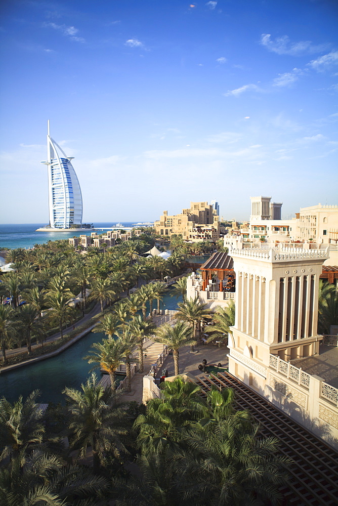 Burj Al Arab seen from the Madinat Jumeirah Hotel, Jumeirah Beach, Dubai, United Arab Emirates, Middle East