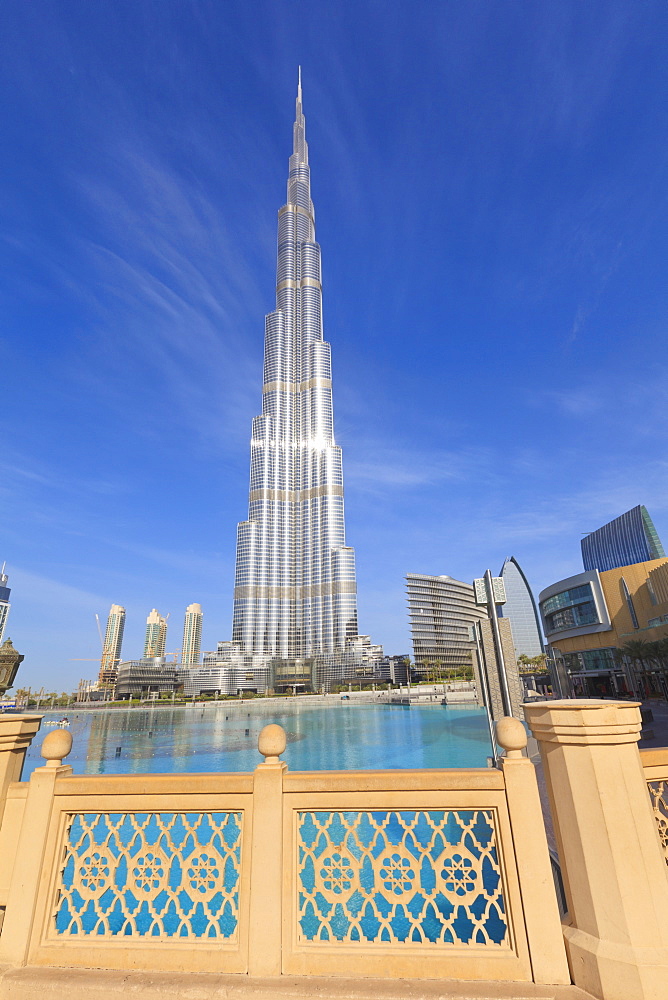 Burj Khalifa, the tallest man made structure in the world at 828 metres, and Dubai Mall, Downtown Dubai, Dubai, United Arab Emirates, Middle East