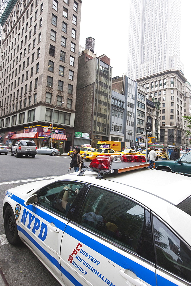 Police car on Broadway, Manhattan, New York City, New York, United States of America, North America