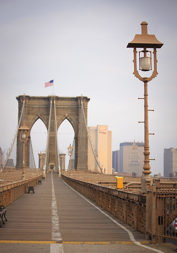 Early morning on Brooklyn Bridge, New York City, New York, United States of America, North America