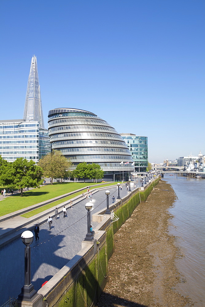 South Bank with City Hall, Shard London Bridge and More London buildings, London, England, United Kingdom, Europe