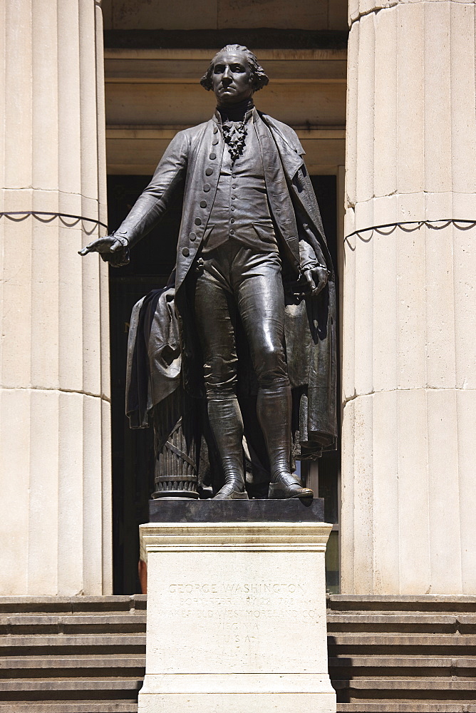 Statue of George Washington standing outside the Federal Hall, Wall Street, New York City, New York, United States of America, North America