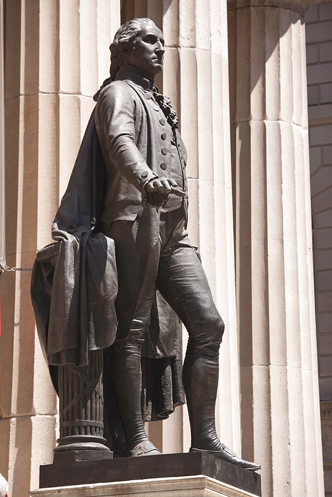 Statue of George Washington standing outside the Federal Hall, Wall Street, New York City, New York, United States of America, North America