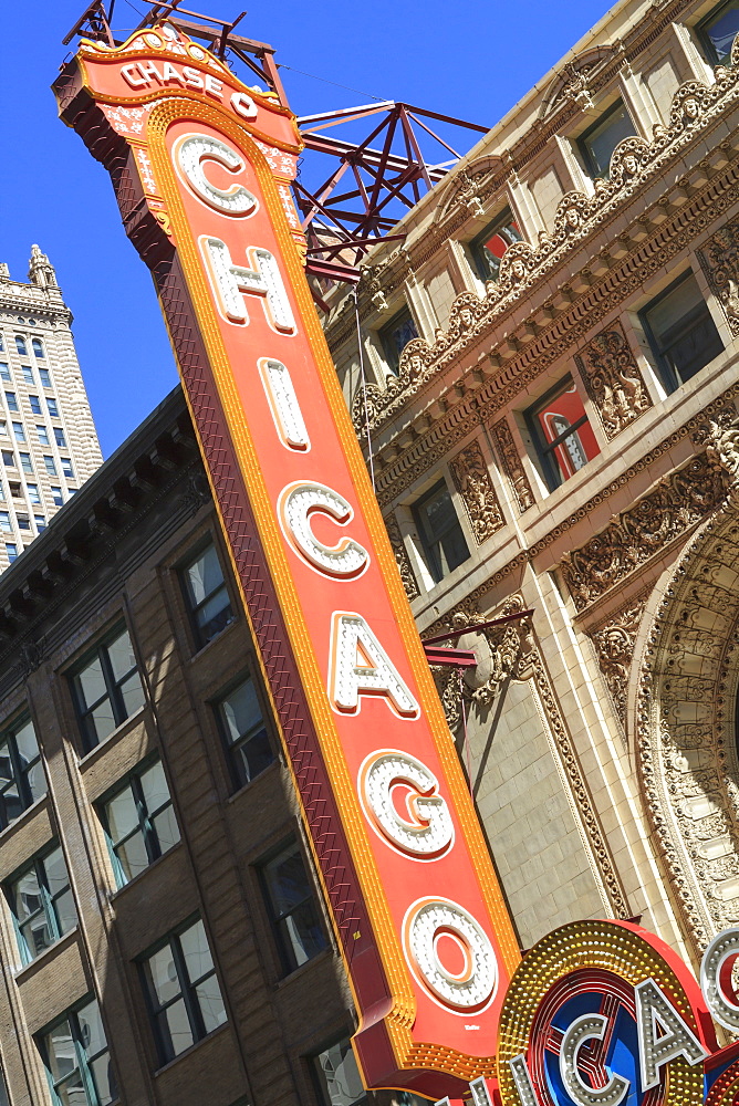 The Chicago Theater sign has become an iconic symbol of the city, Chicago, Illinois, United States of America, North America 