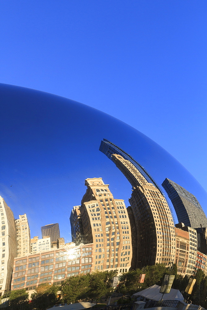 Skyscrapers reflecting in the Cloud Gate sculpture, Millennium Park, Chicago, Illinois, United States of America, North America 