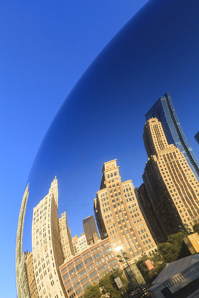 Skyscrapers reflecting in the Cloud Gate steel sculpture by Anish Kapoor, Millennium Park, Chicago, Illinois, United States of America, North America