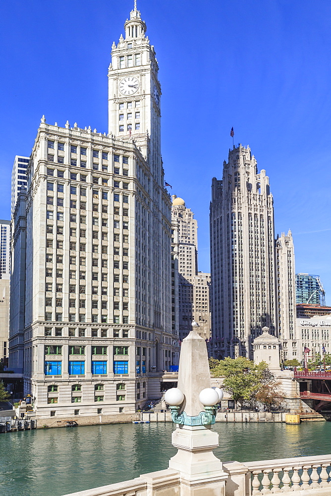 The Wrigley Building and Tribune Tower by the Chicago River, Chicago, Illinois, United States of America, North America