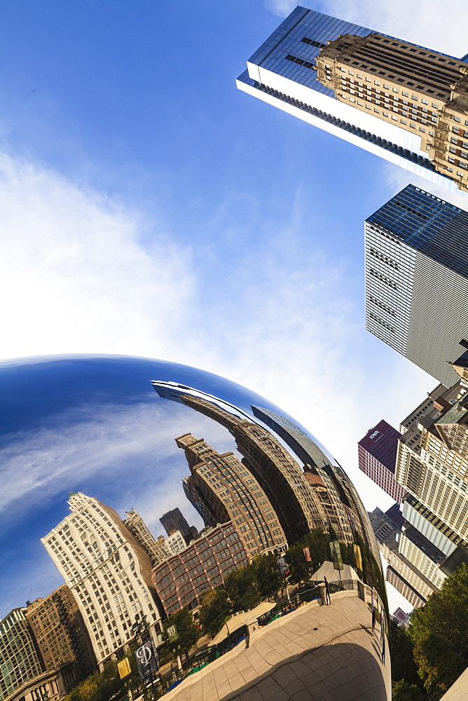 Tall buildings on North Michigan Avenue reflecting in the Cloud Gate steel sculpture by Anish Kapoor, Millennium Park, Chicago, Illinois, United States of America, North America