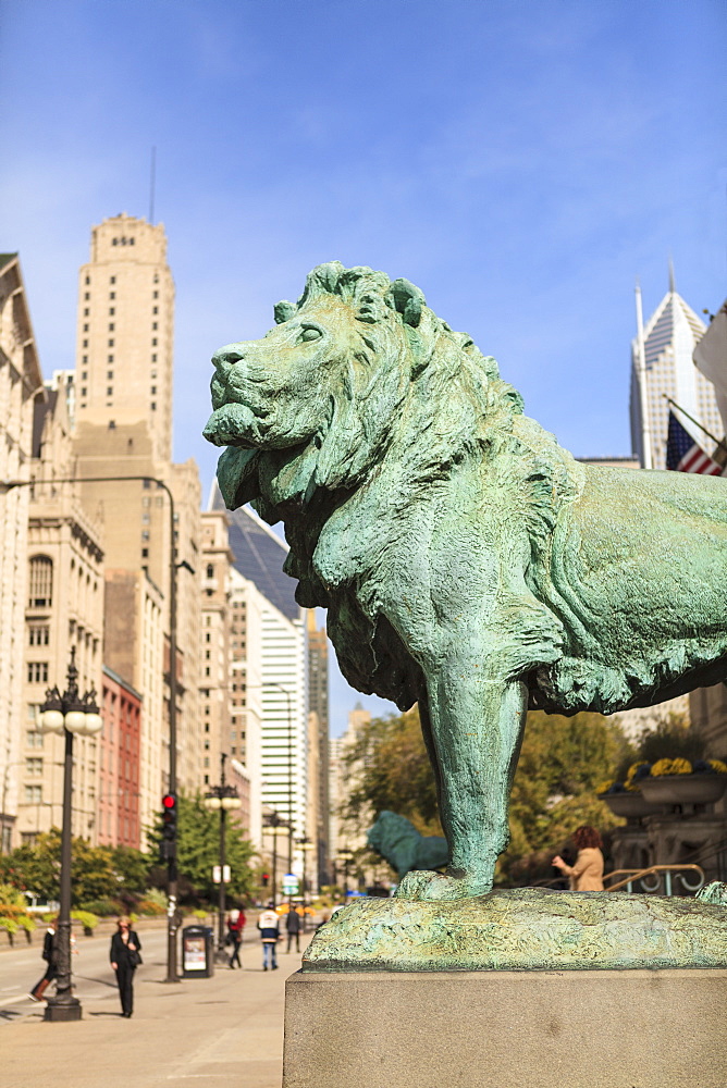 One of the two iconic bronze lion statues outside the Art Institute of Chicago, Chicago, Illinois, United States of America, North America