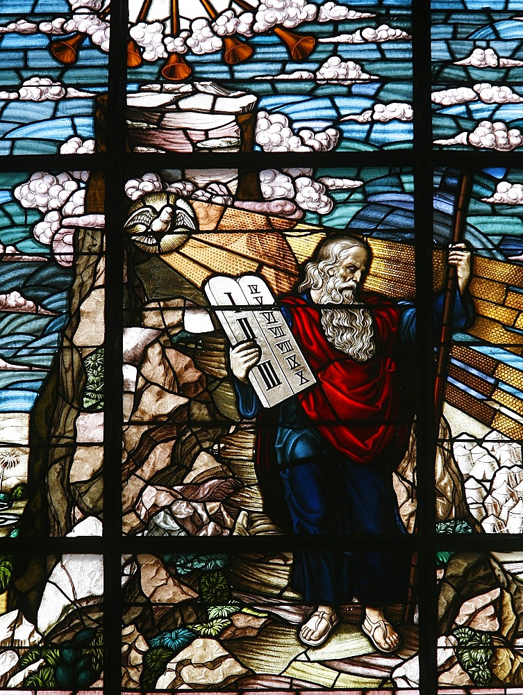 Stained glass of Moses holding the tablets of the Law, Vienna, Austria, Europe