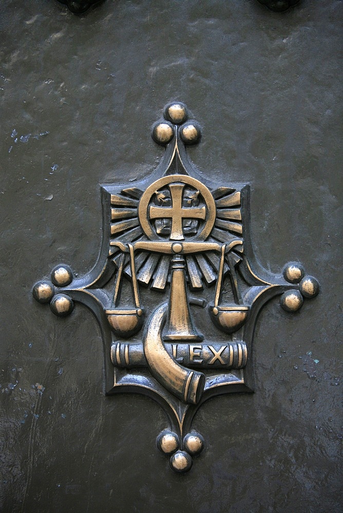 Front gate sculpture of Justice, St. Patrick's Cathedral, New York, United States of America, North America