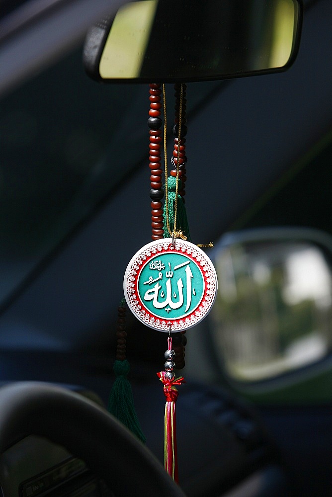 Muslim symbols in a car, Chatillon-sur-Chalaronne, Ain, France, Europe