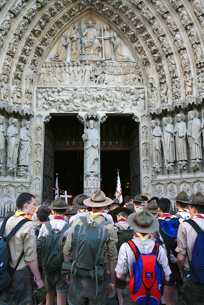 Traditionalist Catholic scouts rally on Pentecost (Whitsunday), Notre Dame cathedral, Paris, France, Europe