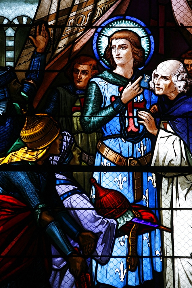 Stained glass window of the crusading St. Louis meeting the Emir, St. Louis church, Vittel, Vosges, France, Europe