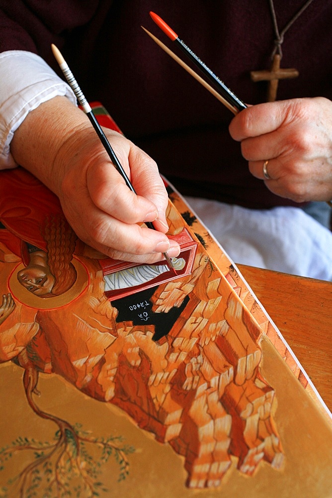 Icon painting at Notre Dame du Bec Benedictine Abbey, Le Bec Hellouin, Eure, Normandy, France, Europe