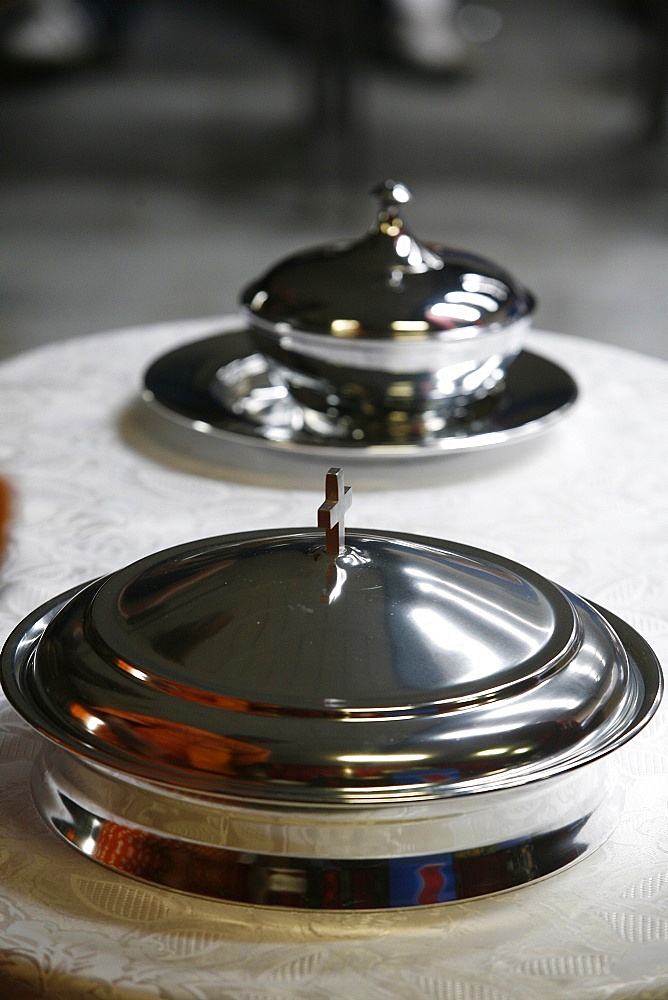 Eucharist bowls used for African Evangelical celebration, Neuilly sur Marne, Seine Saint Denis, France, Europe