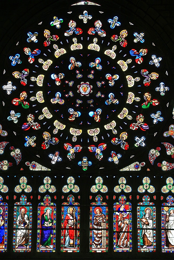 Rose window in Notre-Dame-des-Carmes church, Pont-l'Abbe, Pont-l'Abbe, Finistere, France, Europe