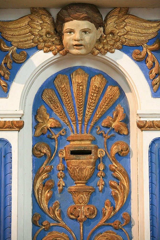 Collection box in Kerdevot church, Kerdevot, Finistere, Brittany, France, Europe