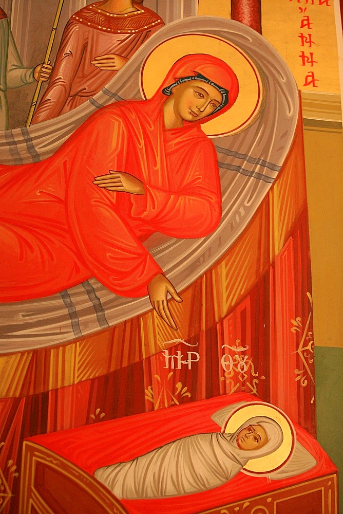 Greek Orthodox icon depicting Mary's birth, Thessaloniki, Macedonia, Greece, Europe