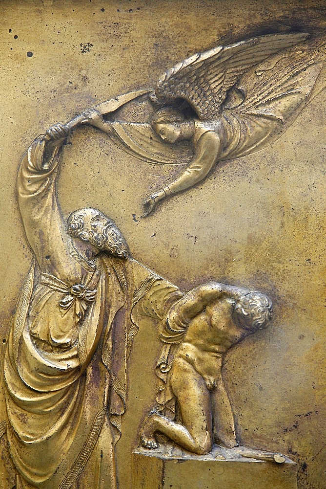 Depiction of Abraham sacrificing Isaac, Gate of Paradise door of the Baptistry of San Giovanni, UNESCO World Heritage Site, Florence, Tuscany, Italy, Europe