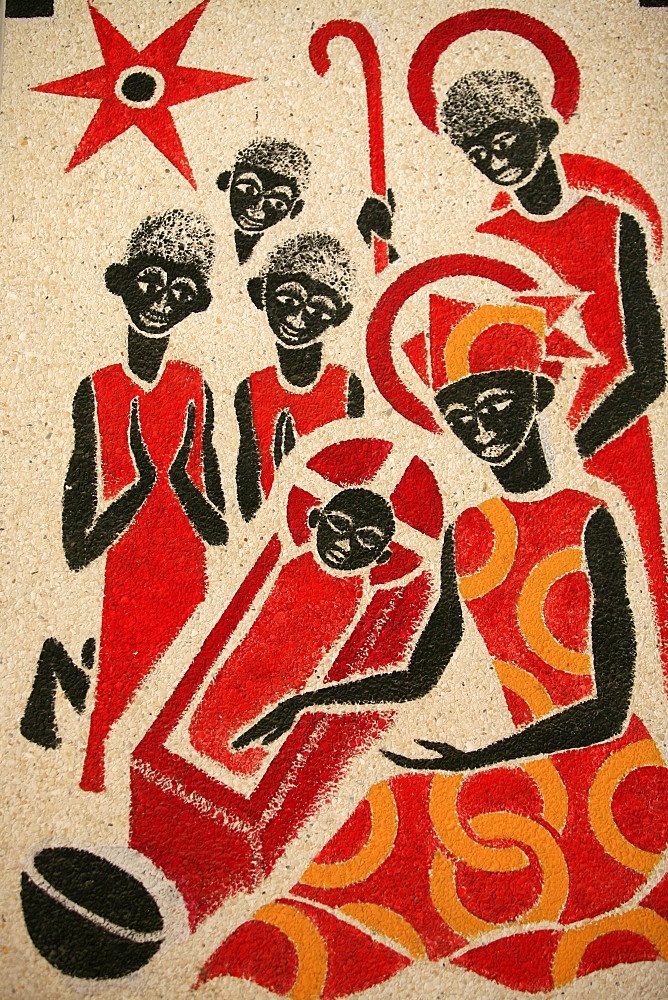 Nativity scene fresco designed and painted in 1963 by Dom Georges Saget, Keur Moussa Abbey church, Ker Moussa, Senegal, West Africa, Africa