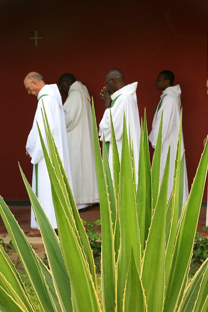 Monks in Keur Moussa Abbey cloister, Keur Moussa, Senegal, West Africa, Africa