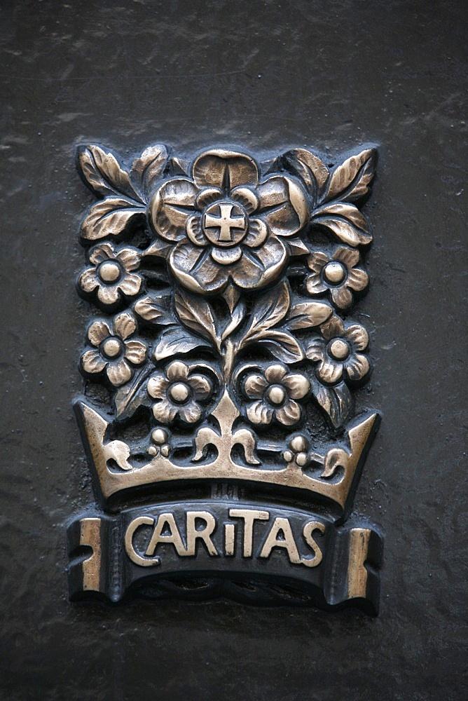 Caritas sculpture on the front gate, St. Patrick's Cathedral, New York, United States of America, North America