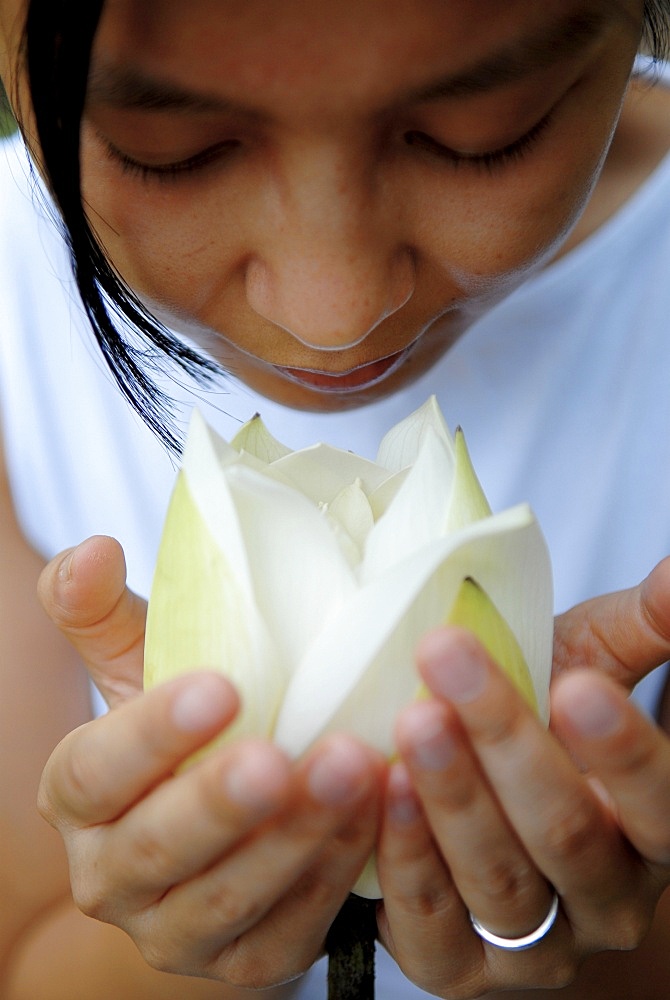 Woman with lotus flower, Vietnam, Indochina, Southeast Asia, Asia