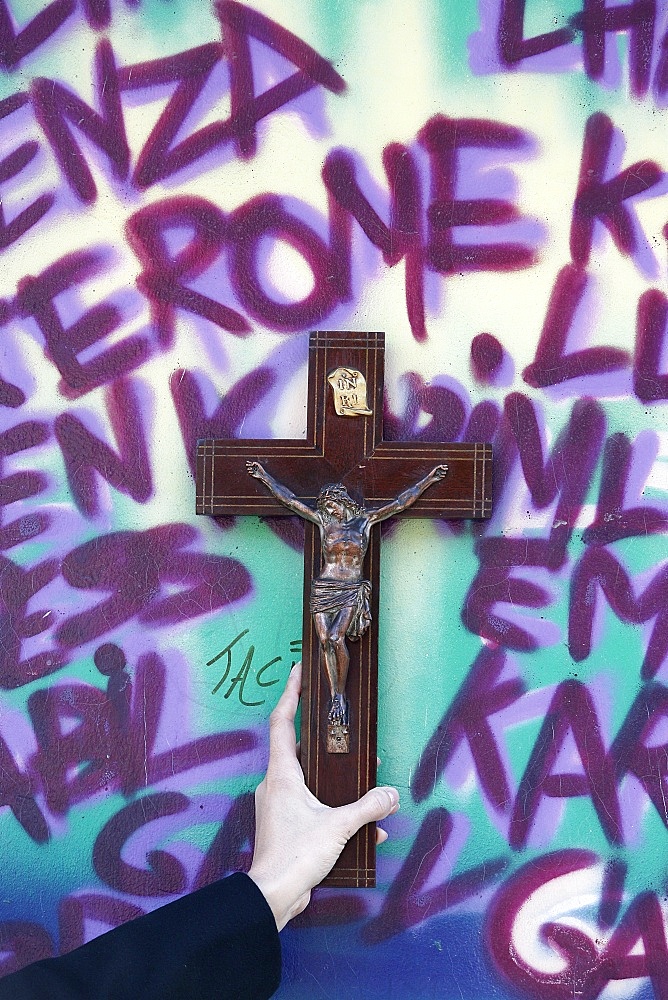 Cross and graffiti, Chambery, Savoie, France, Europe