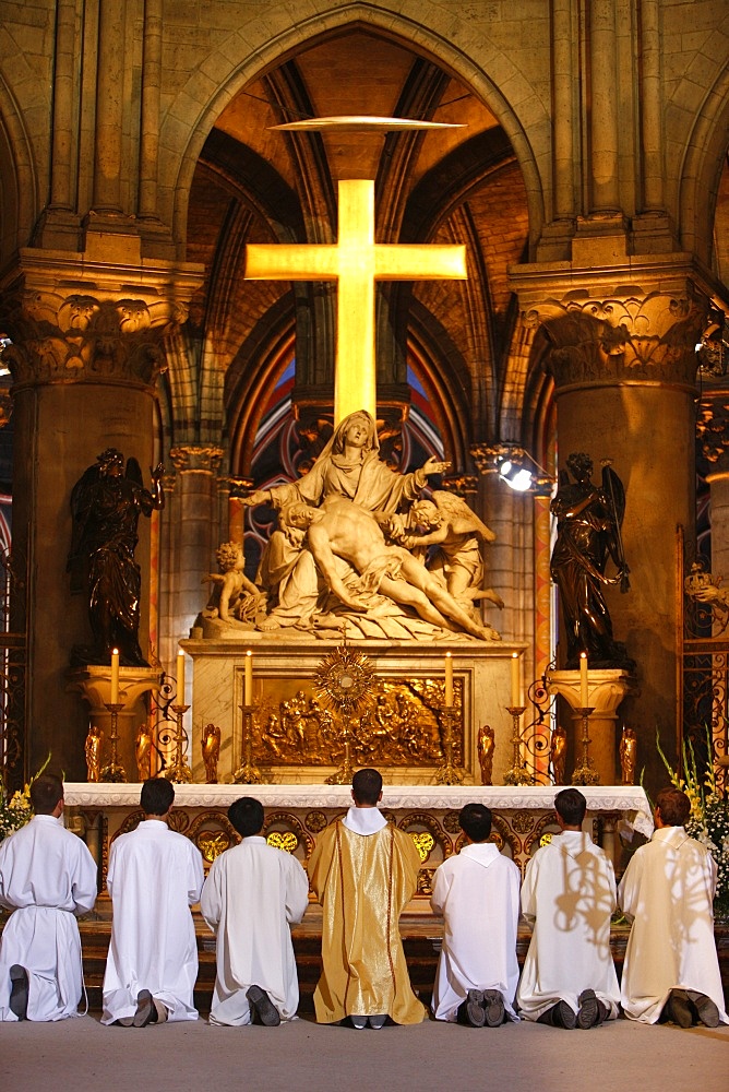 Eucharist adoration in Notre Dame de Paris cathedral, Paris, France, Europe